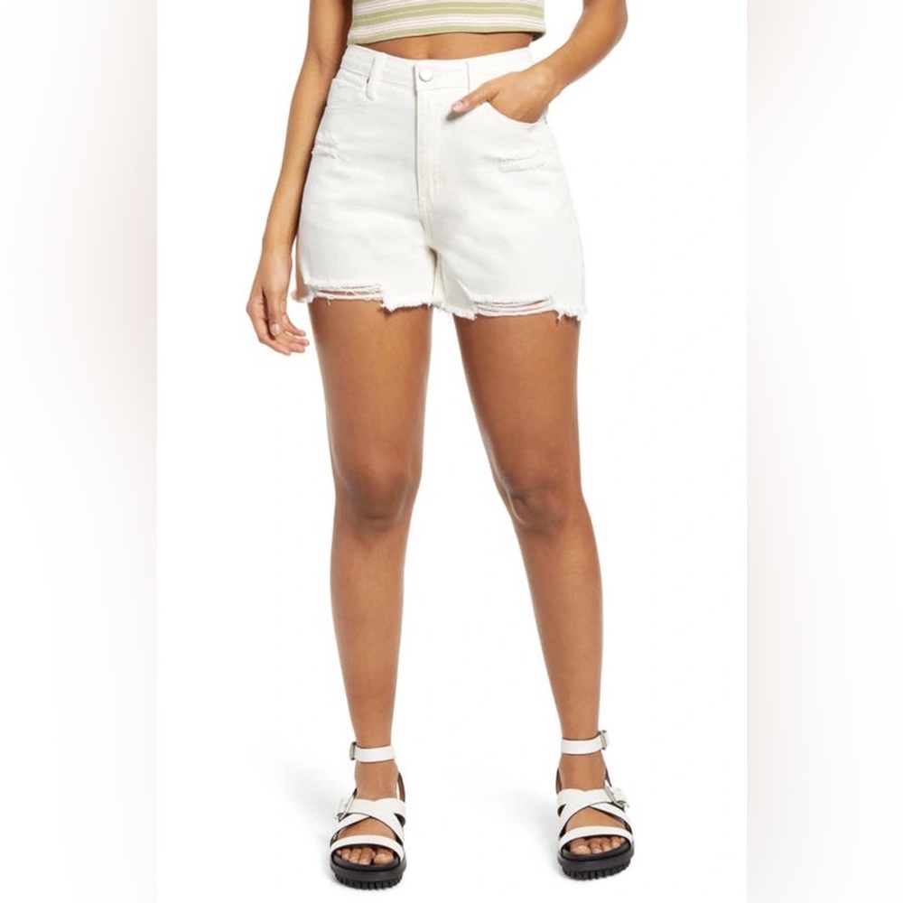 BP. White Ripped Denim Shorts - High Waist Distressed Raw Hem